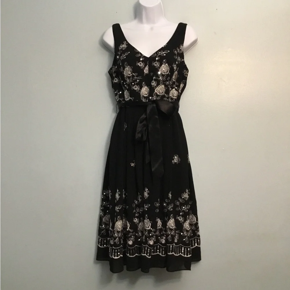 R&M Richards Black Dress with Silver Embroidery